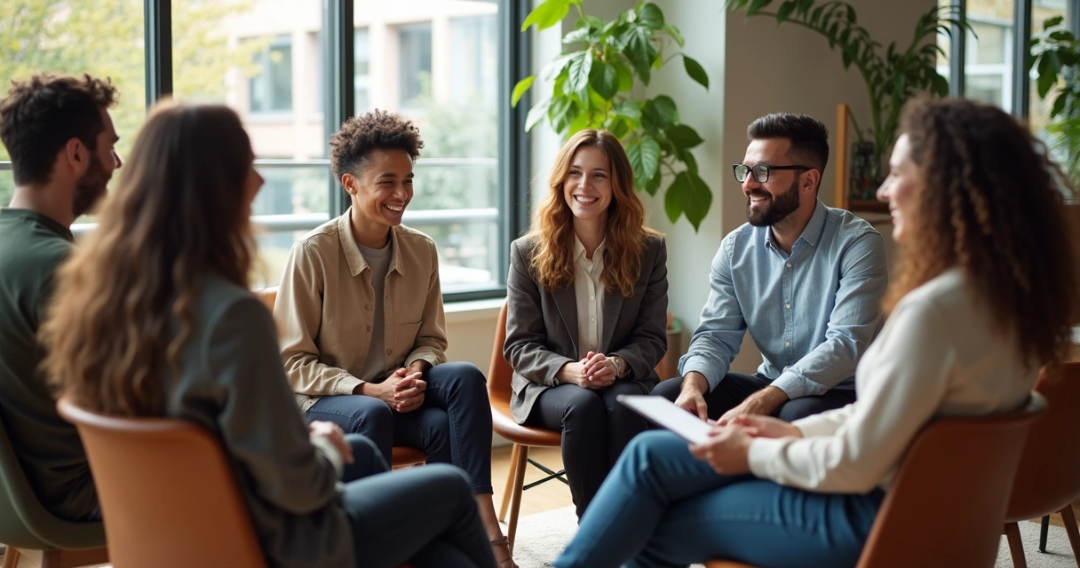 Equipe de profissionais sentados em roda conversando e sorrindo em ambiente moderno 