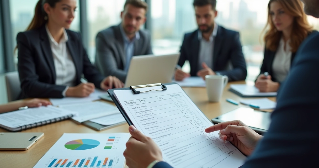 Gestor e equipe analisando avaliação comportamental em reunião de trabalho 