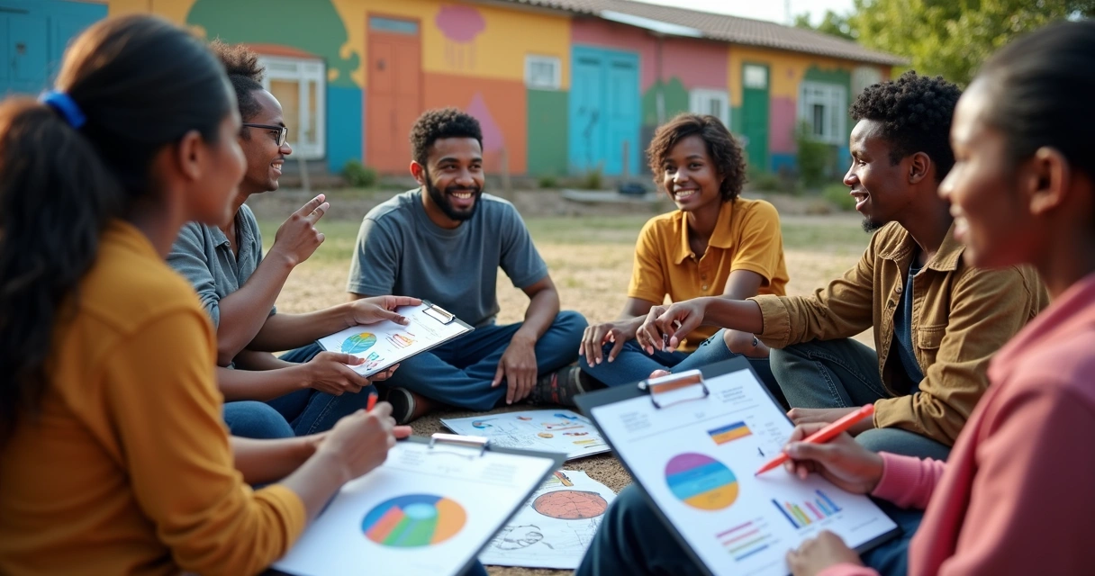 Participantes reunidos em círculo analisando resultados de projeto 