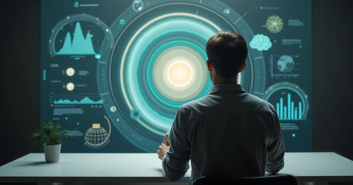 Pessoa analisando painel luminoso com camadas de consciência em espaço escuro 