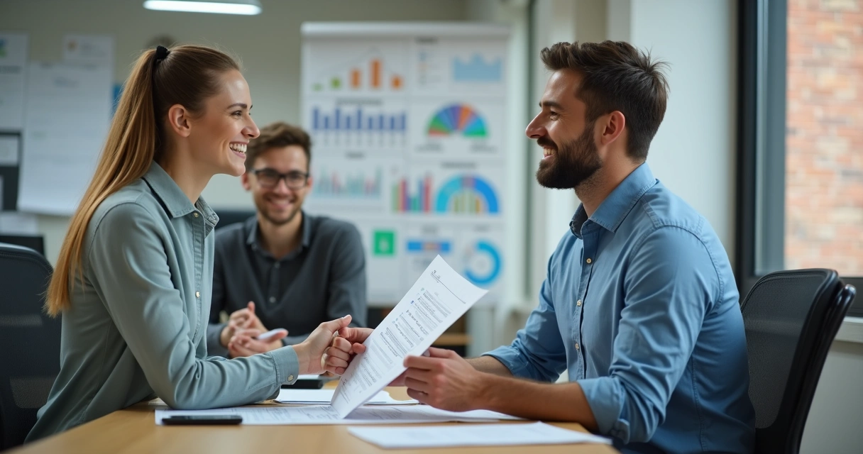 Colaborador recebendo notícia de promoção após avaliação 