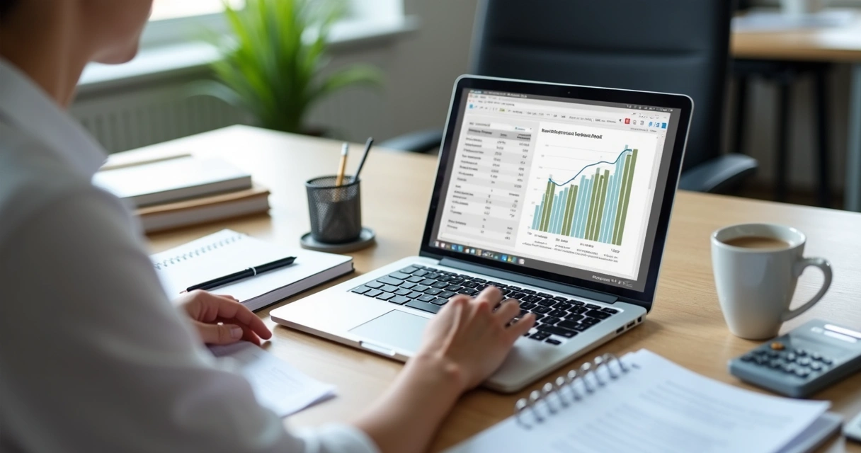 Pessoa analisando gráfico financeiro no notebook e papéis na mesa 