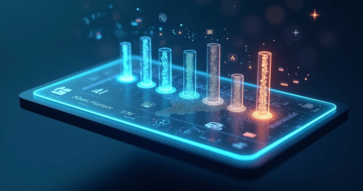 Mesa digital 3D comparando consultorias de IA no Brasil com métricas de performance 