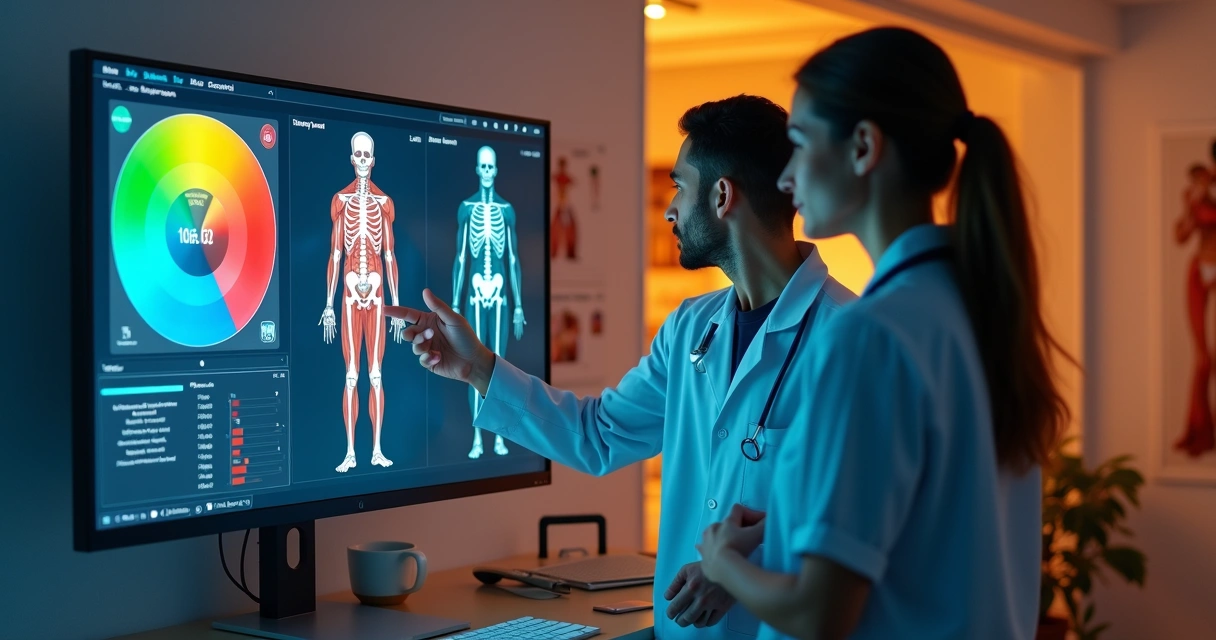 Profissional de saúde apontando resultados em exame de composição corporal 