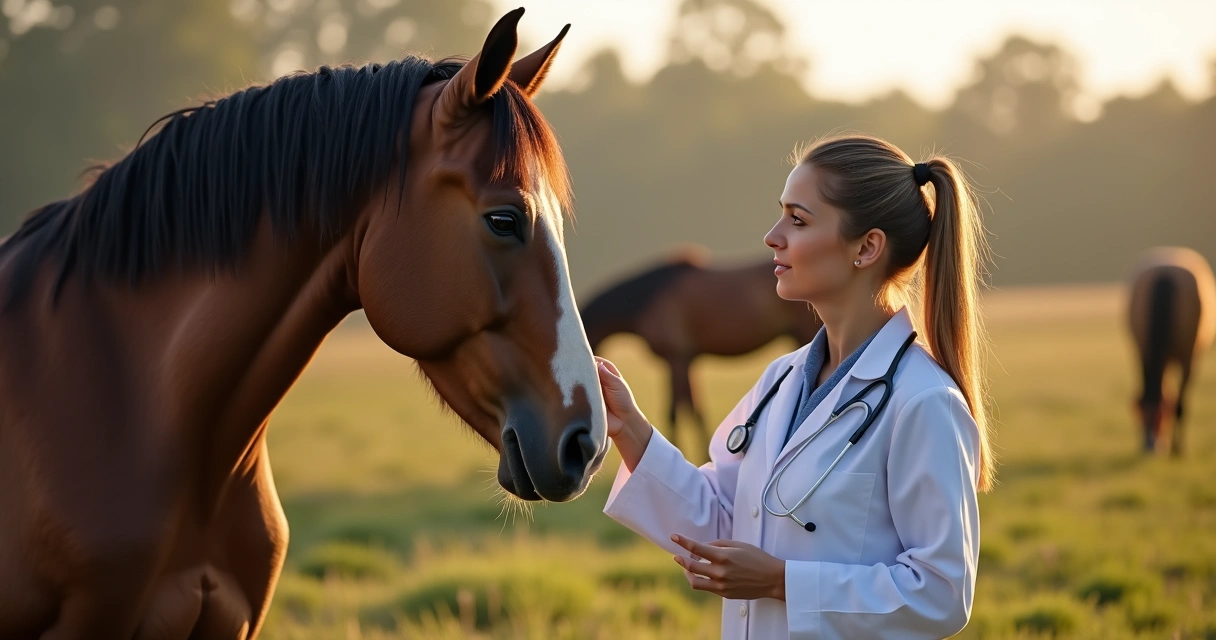 Veterinário avaliando a condição corporal de égua com haras ao fundo 