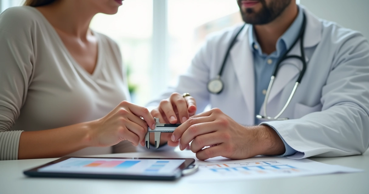 Nutricionista avaliando paciente com adipômetro e planilha de dados clínicos 
