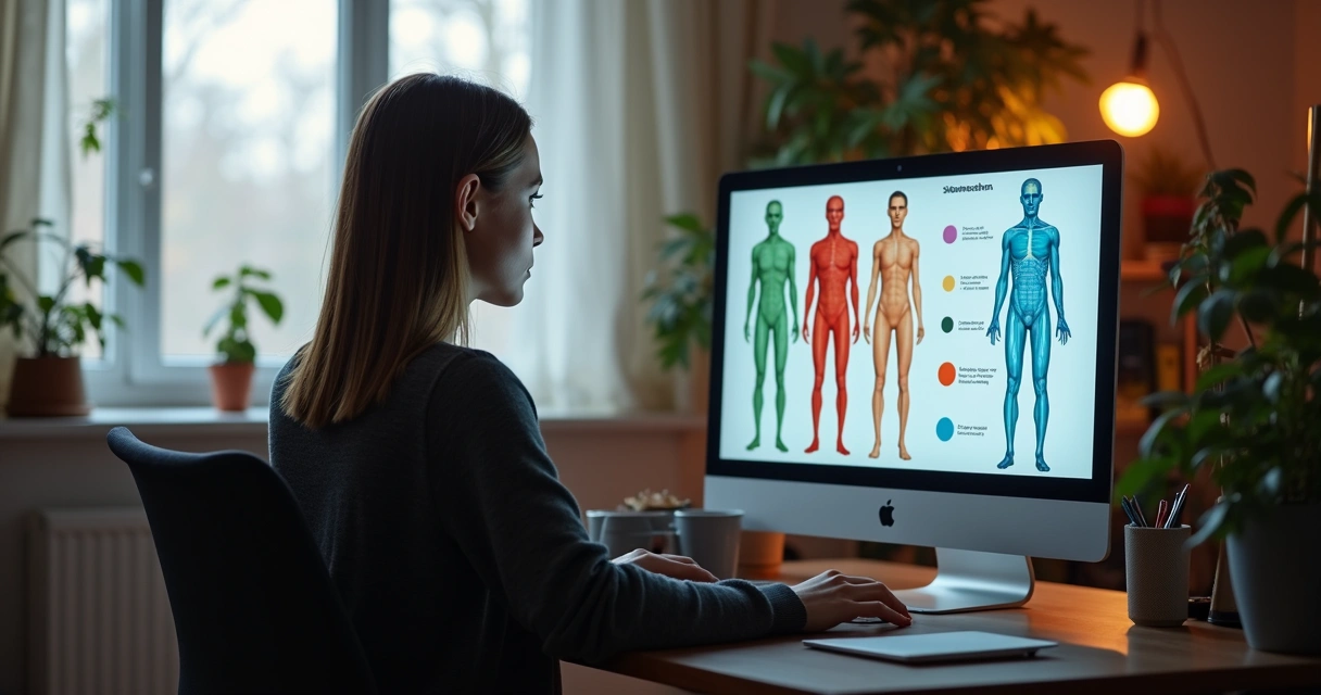 Pessoa em atendimento online de análise corporal, com tela dividida mostrando corpo humano e gráficos de traços de caráter 