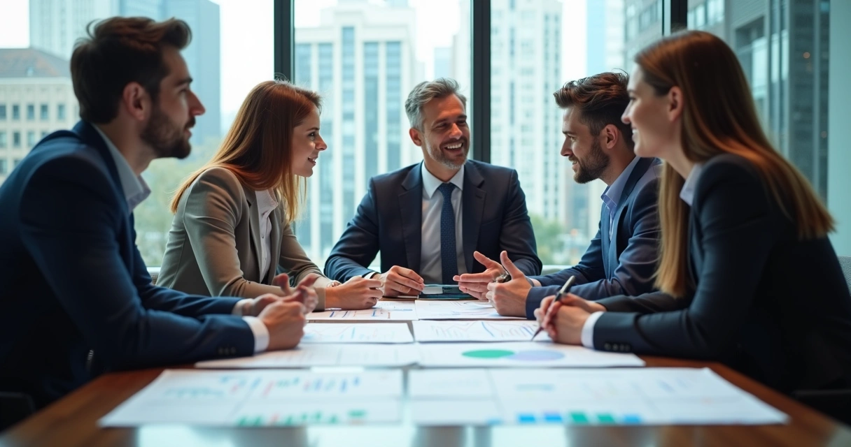 Colaboradores avaliando resultados em reunião corporativa