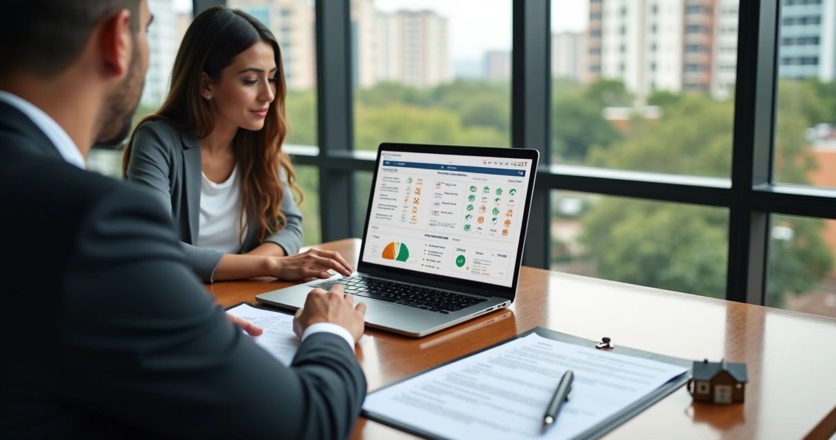Corretora mostrando análise de crédito para casal interessado em alugar imóvel 