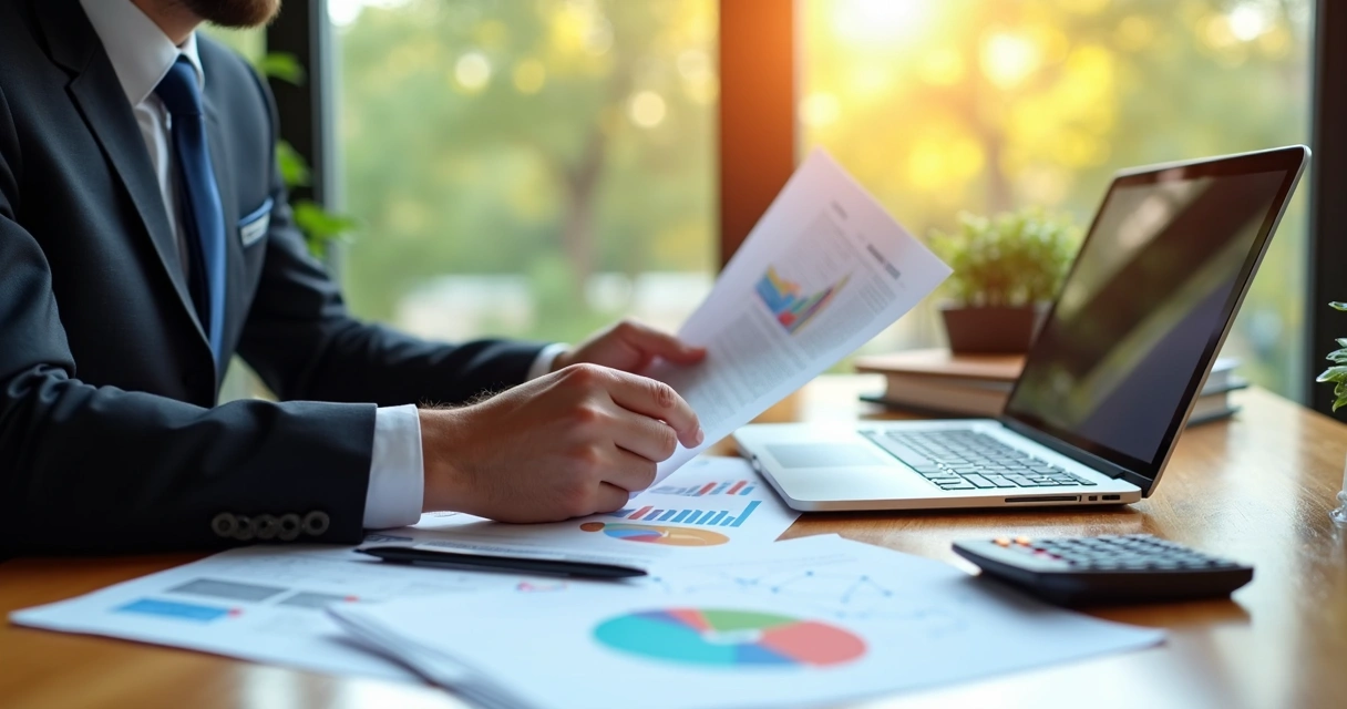 Gestor analisando documentos financeiros e gráficos coloridos em uma mesa 