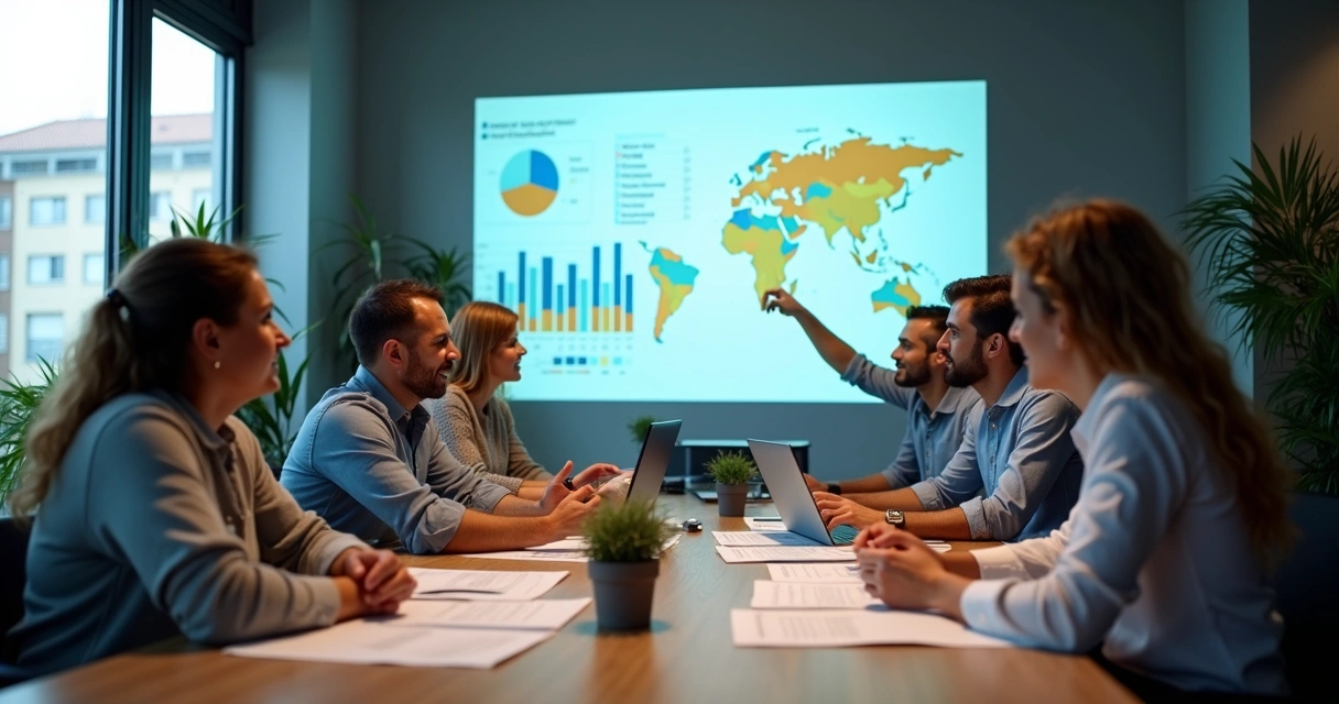 Equipe de PME analisando gráficos de desempenho em reunião