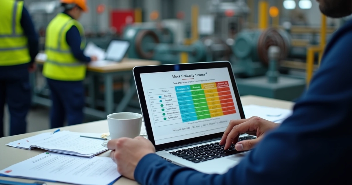 Tabela de matriz de criticidade com dados industriais em tela de notebook sobre mesa 