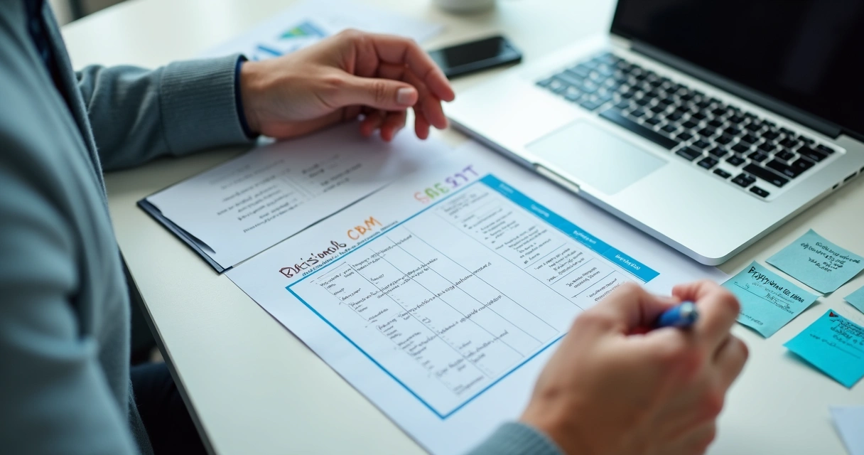 Manager evaluating CRM options with checklist and budget