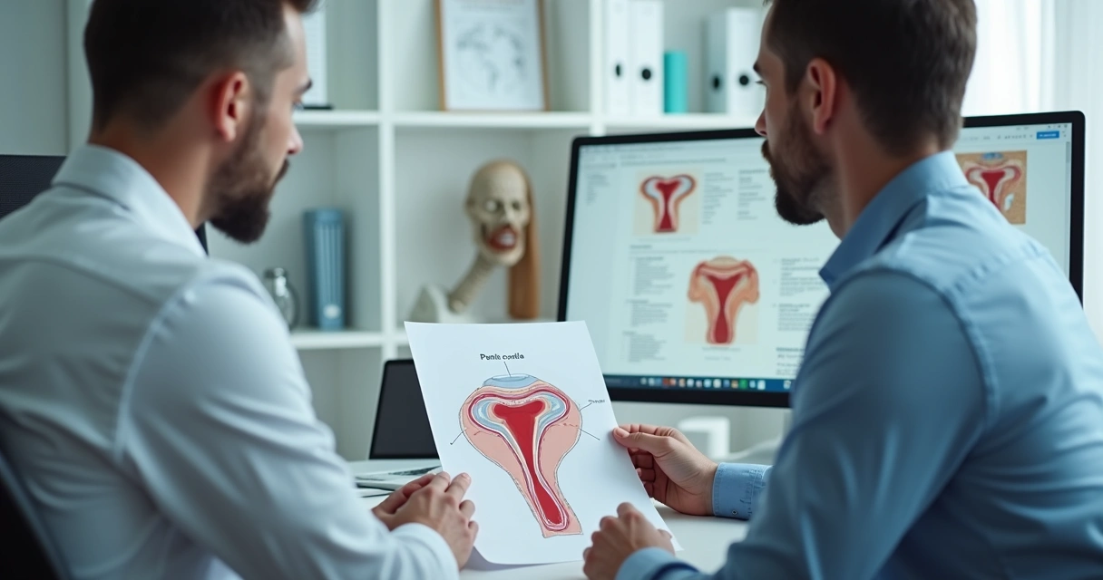 Médico analisando esquema de curvatura peniana com paciente 