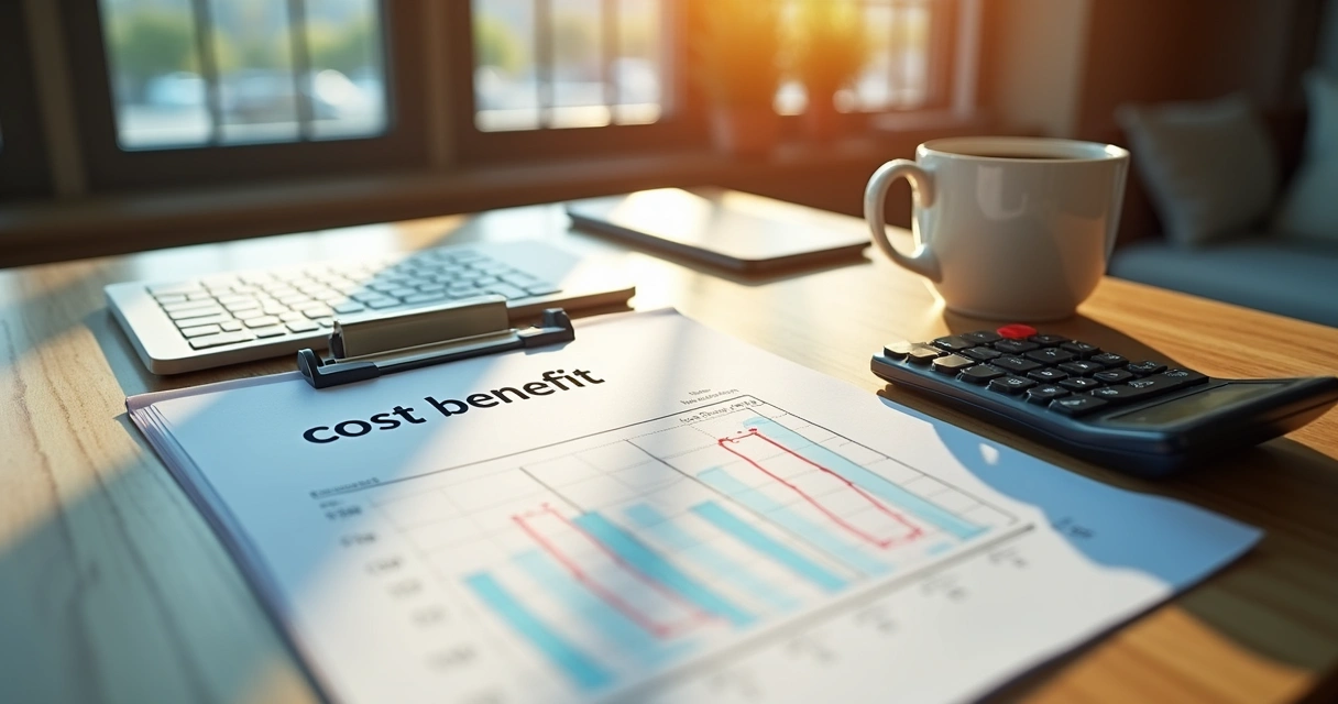 Papel com cálculo de custos e benefícios do ERP sobre mesa de loja