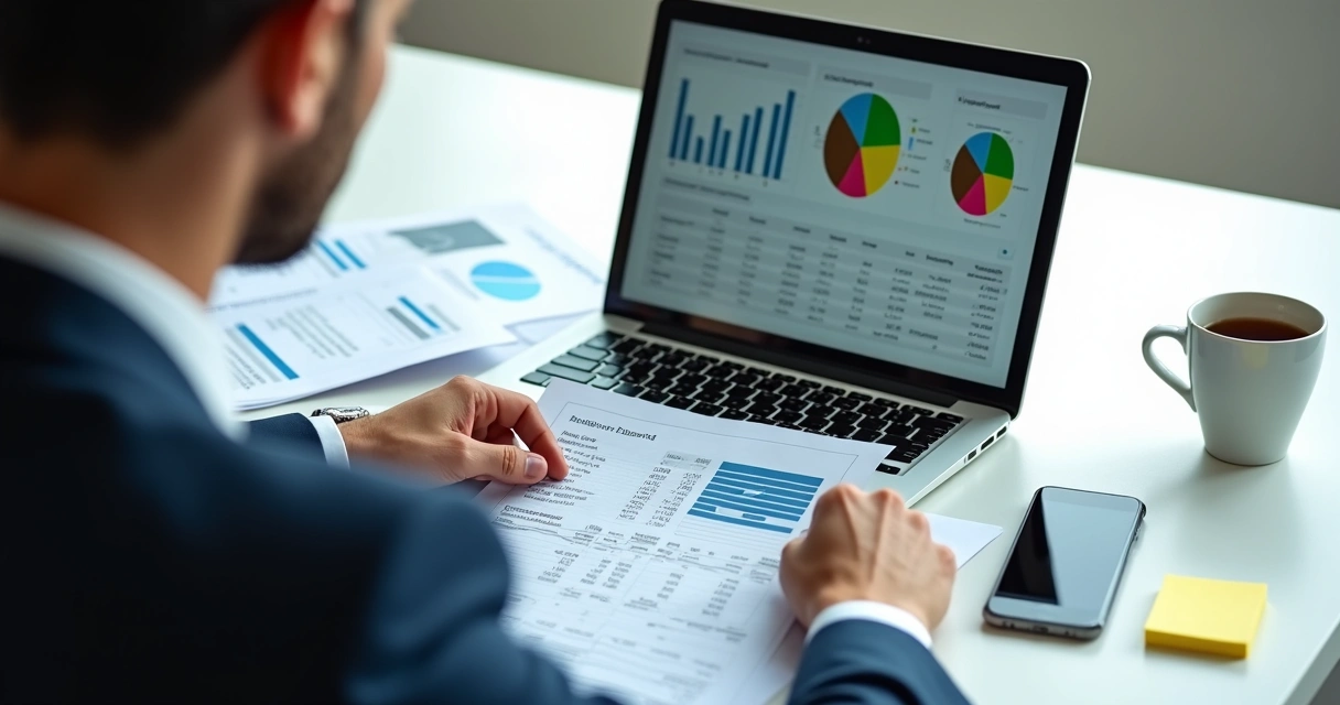 Profissional avaliando planilha de dados empresariais 