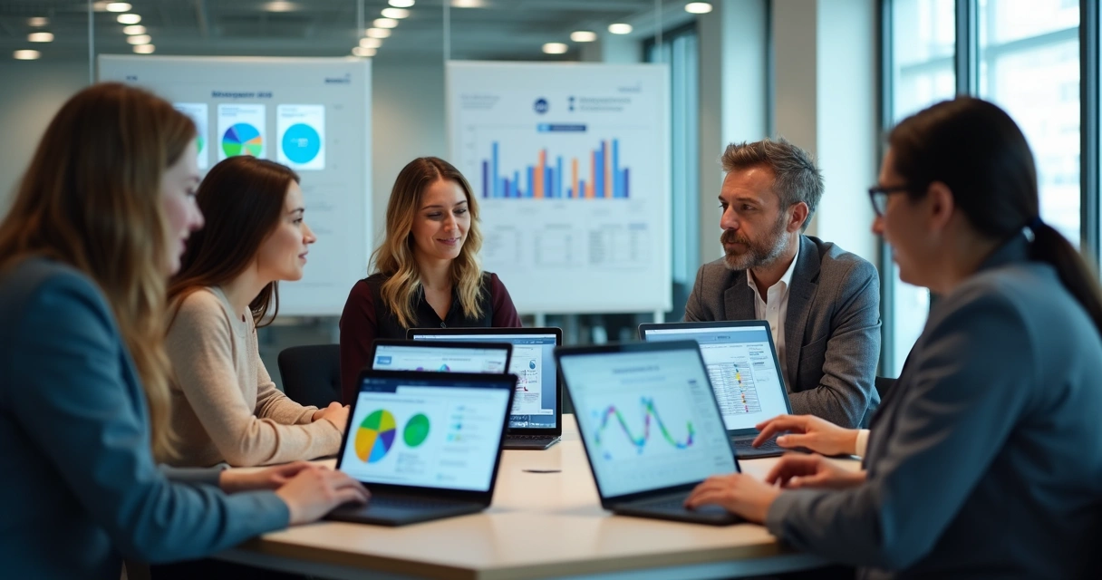 Equipe de TI avaliando diferentes ferramentas em computadores modernos 