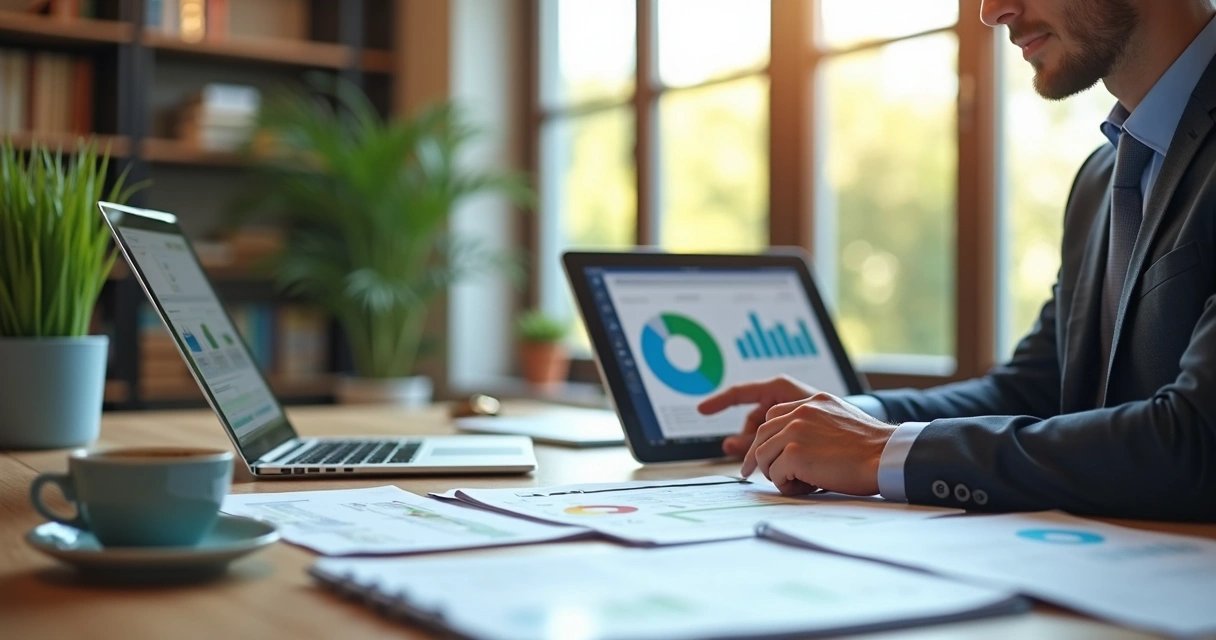 Pessoa avaliando documentos e dados de fornecedores em ambiente de escritório moderno e organizado 