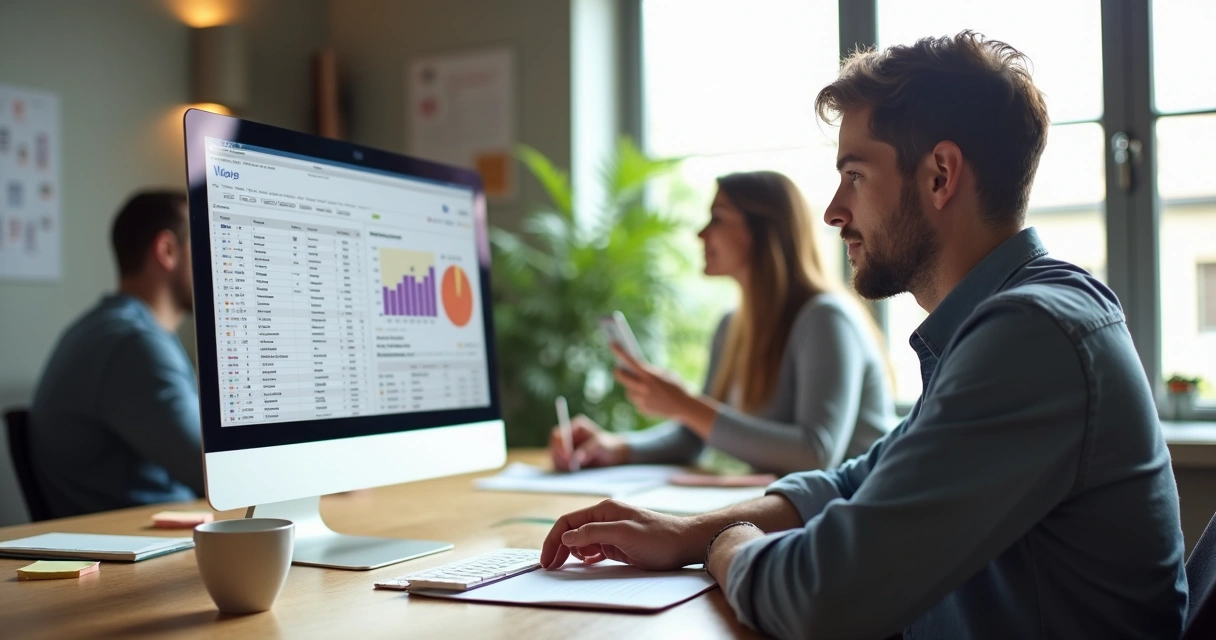 Empreendedor SaaS sentado à mesa com planilhas e notebook, comparando opções tecnológicas 