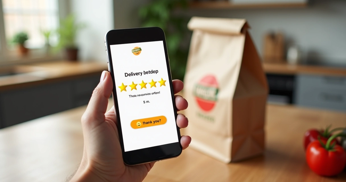 Cliente segurando celular com tela de avaliação positiva de delivery 