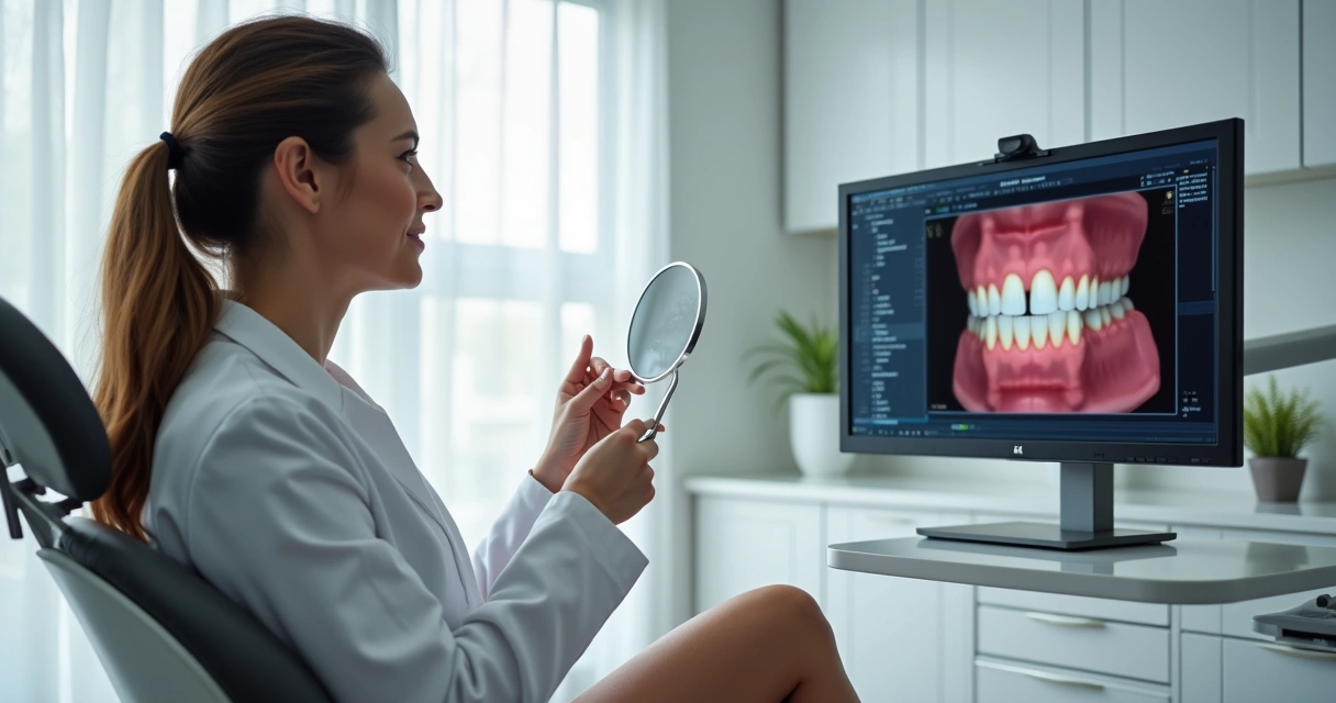 Dentista avaliando dente quebrado com paciente em consultório moderno
