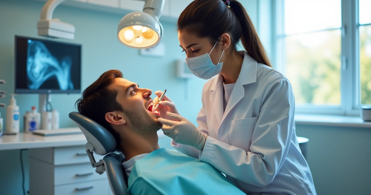 Dentista avaliando implante dentário em boca de paciente em consultório 