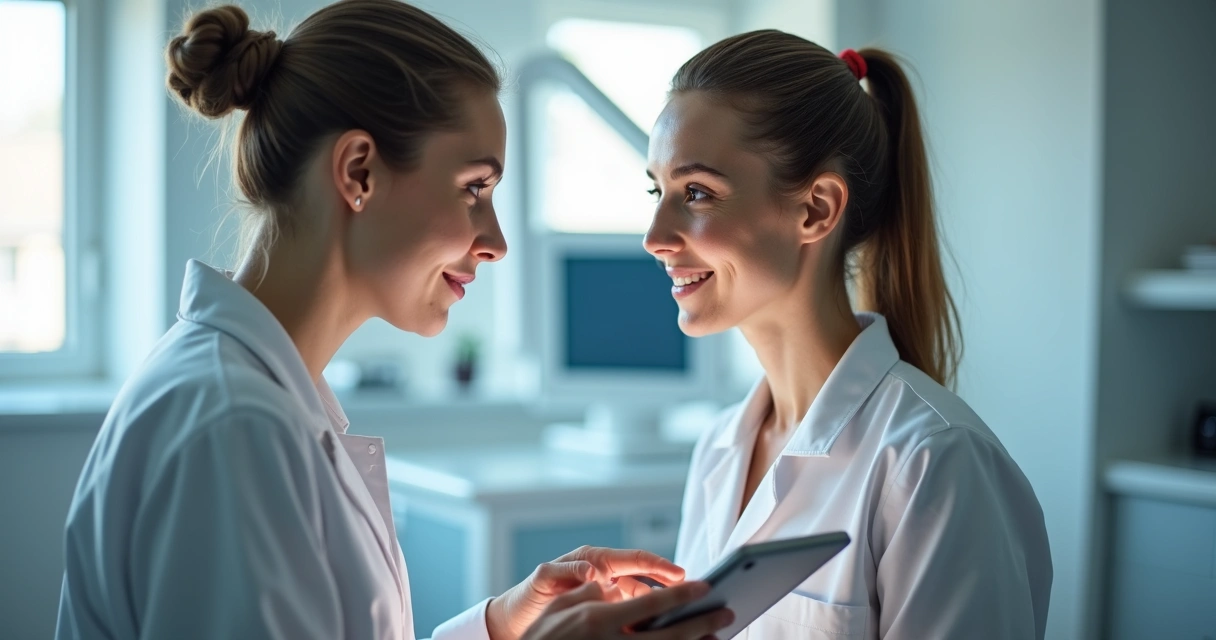 Dermatologista avaliando pele de paciente usando tablet 