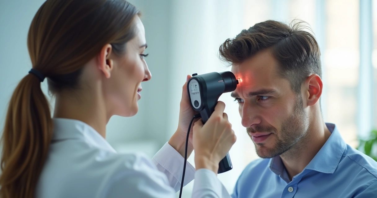 Queda de cabelo: 8 sinais de alerta e quando procurar um dermatologista 22 Dermatologista analisando couro cabeludo de paciente com aparelho de aumento