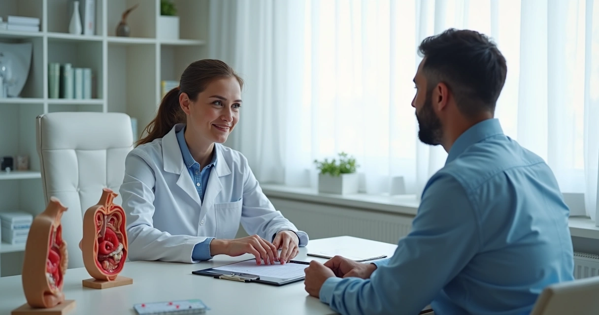 Médico conversando com paciente em consultório de urologia 