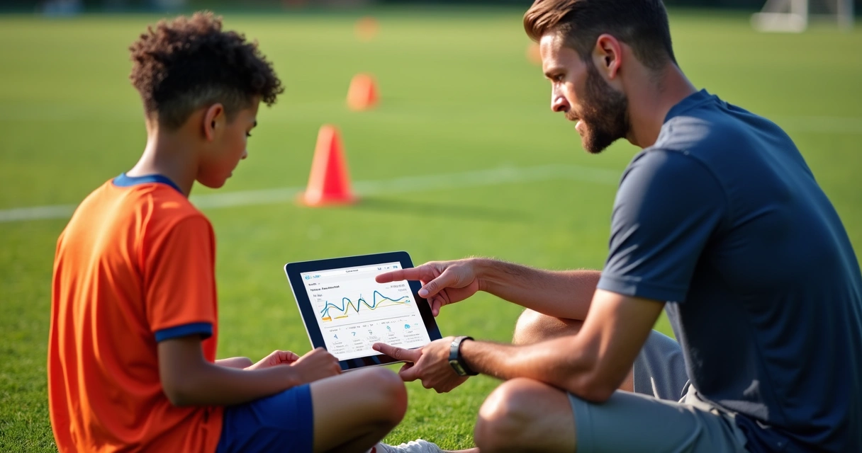 Treinador analisando evolução de atleta no tablet