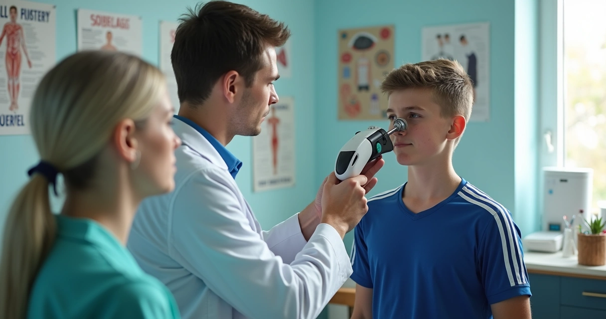 Equipe médica avalia o atleta jovem em consultório esportivo