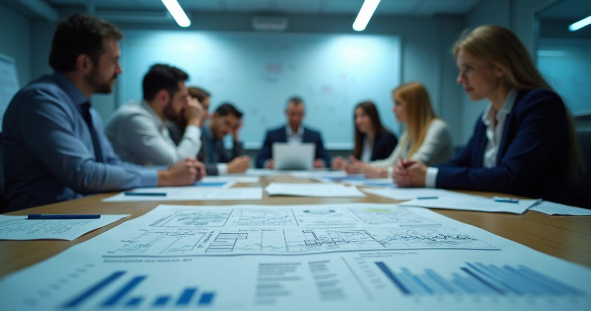 Sala de reunião com pessoas estressadas analisando gráficos dispersos