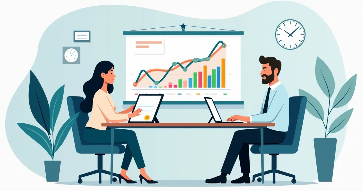 Gestor e colaborador discutindo gráfico de desempenho com certificado digital exibido