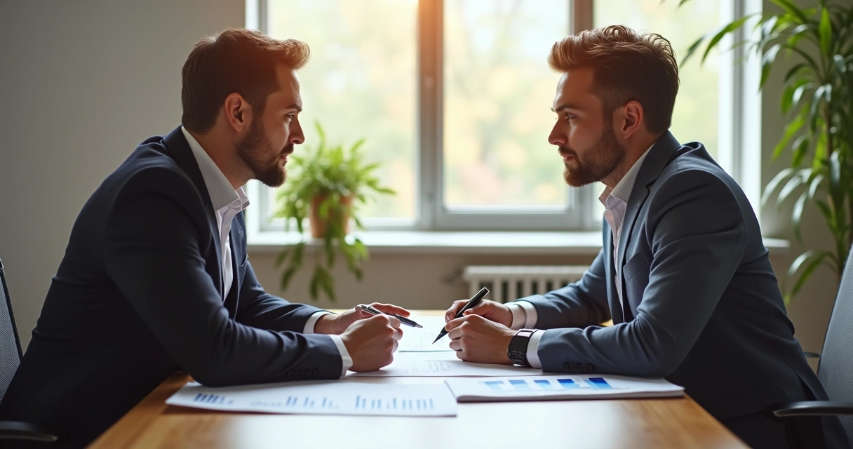 Gestor avaliando desempenho em conversa direta com funcionário 