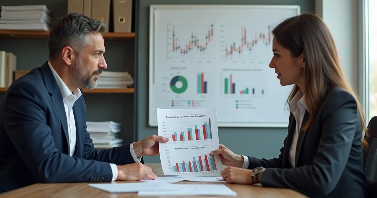 Reunião formal de avaliação de desempenho com gestor mostrando um gráfico e colaborador atento na PME 