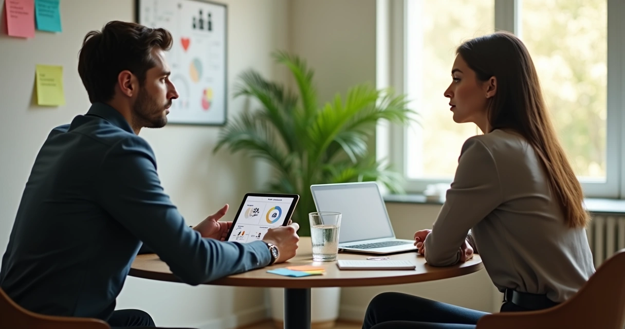 Gestor e colaboradora em reunião de avaliação de desempenho humanizada 