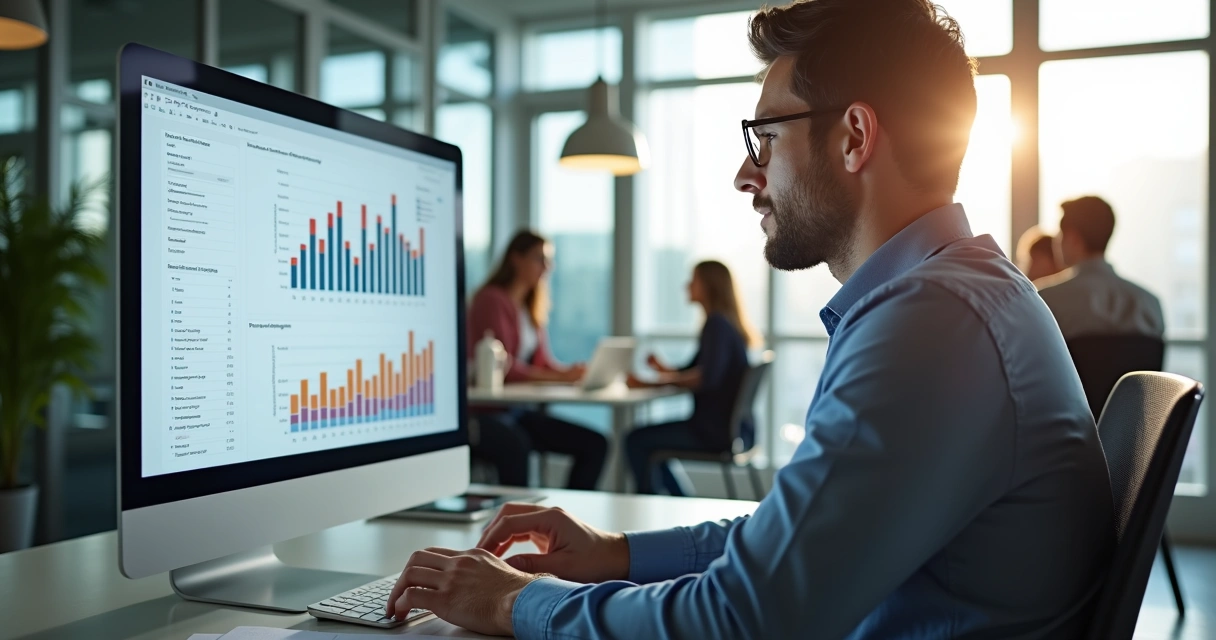 Gestor analisando gráfico de desempenho em computador, com equipe discutindo ao fundo em escritório moderno 