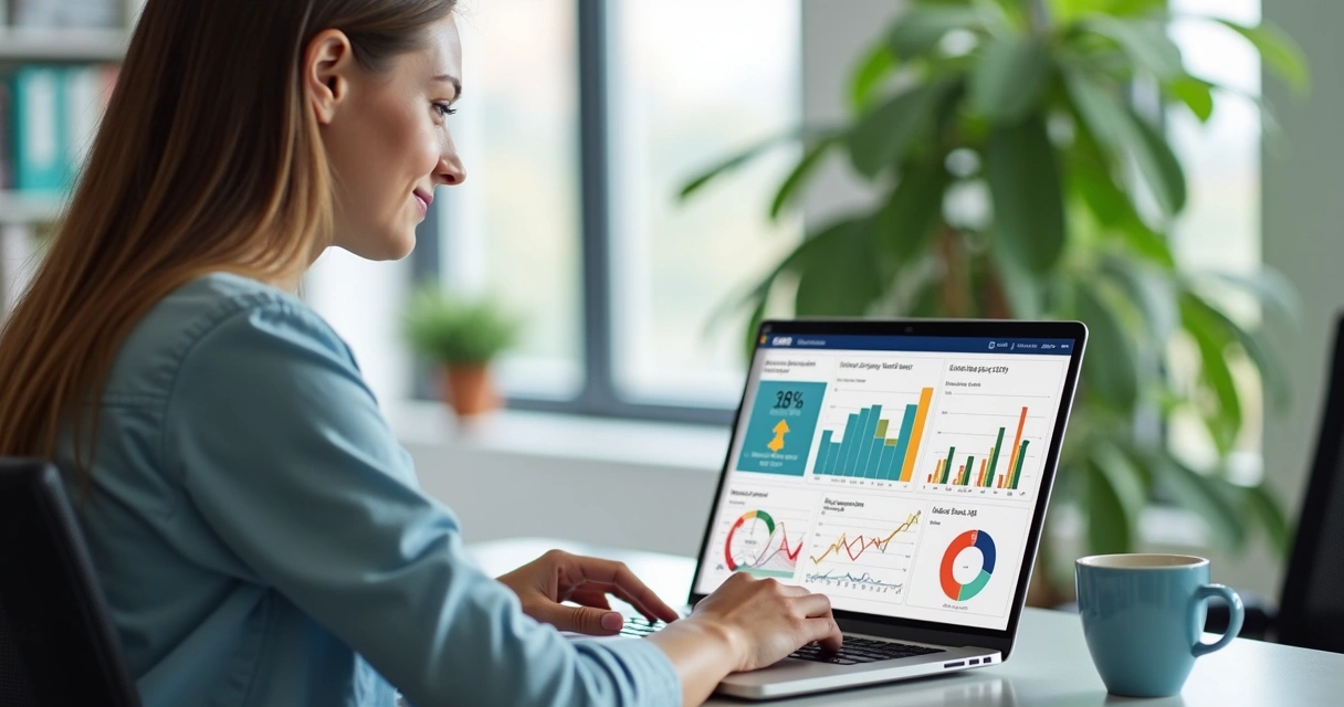 Gestora analisando gráficos de avaliação de desempenho em notebook. 
