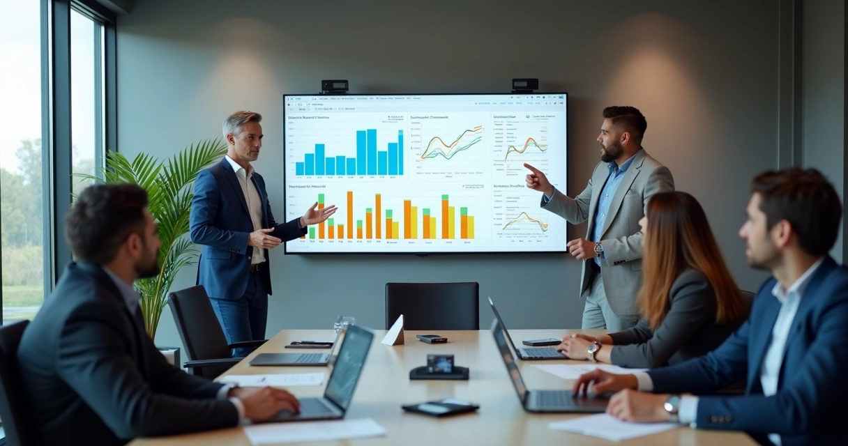 Gestor comercial apresentando gráfico de vendas em tela durante reunião com equipe 