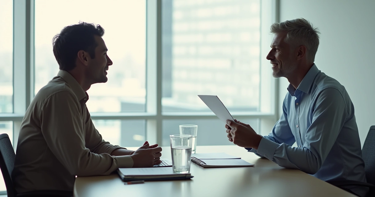 Gestor e colaborador sentados frente a frente, conversando em uma sala reservada