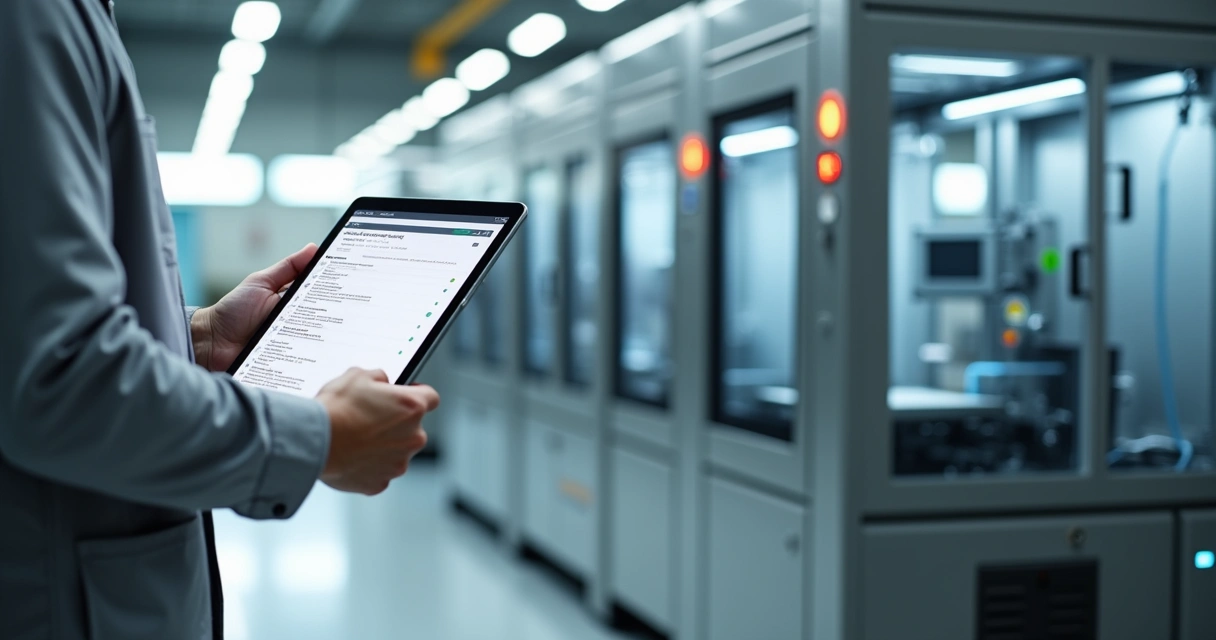 Engenheiro usando tablet com checklist digital diante de máquina industrial nova 