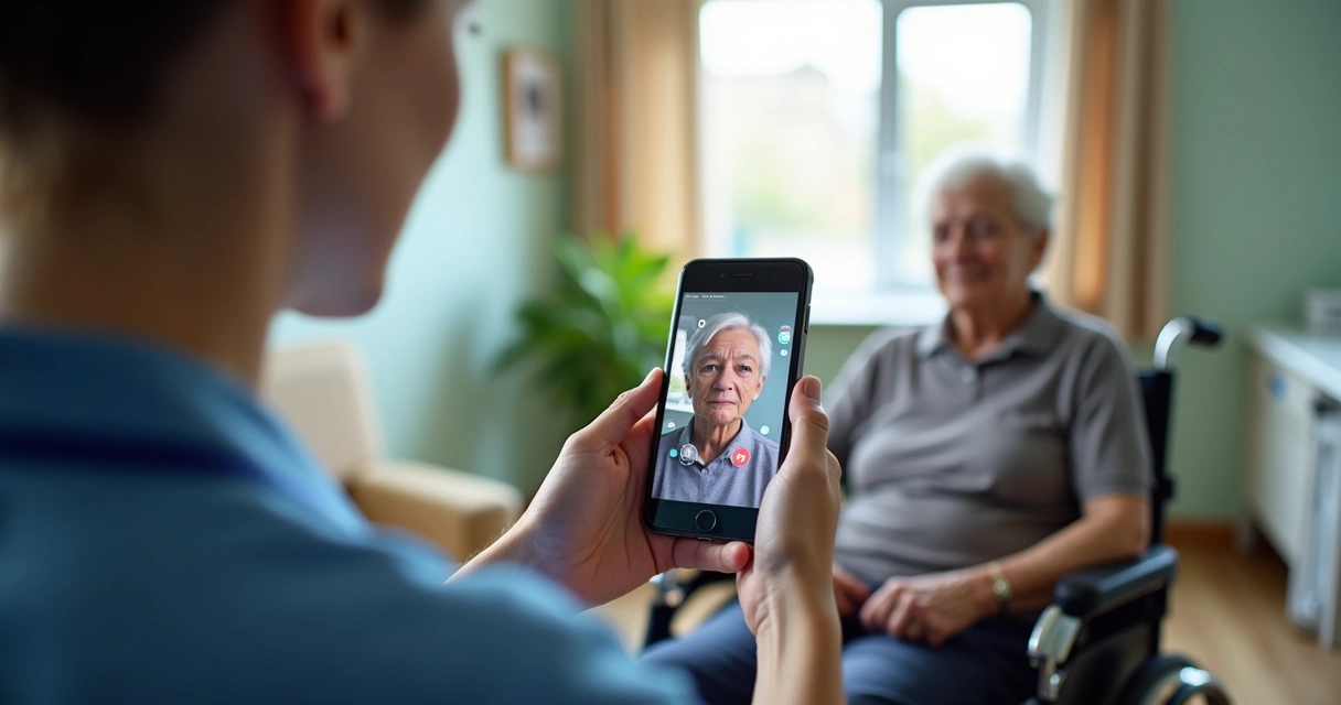 Enfermeira usando aplicativo de IA para analisar expressão facial de paciente idoso