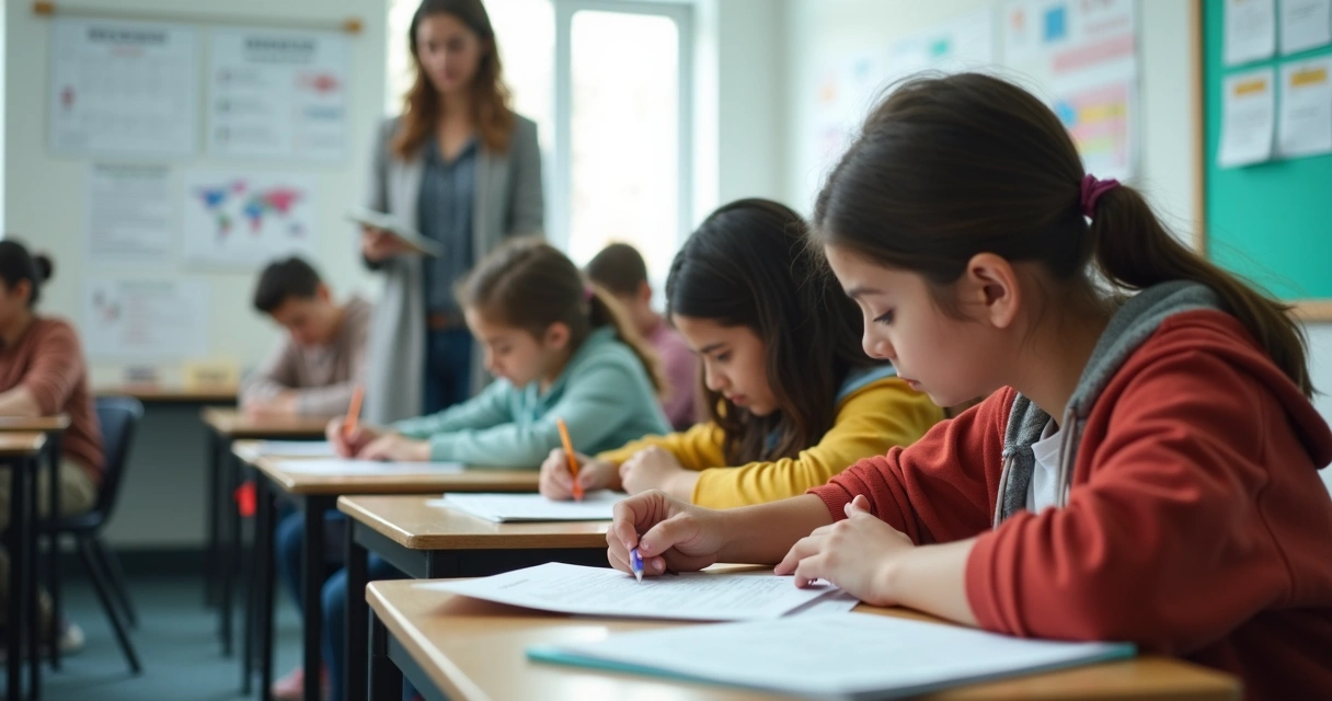 Avaliação presencial de EAD com alunos e fiscal observando 
