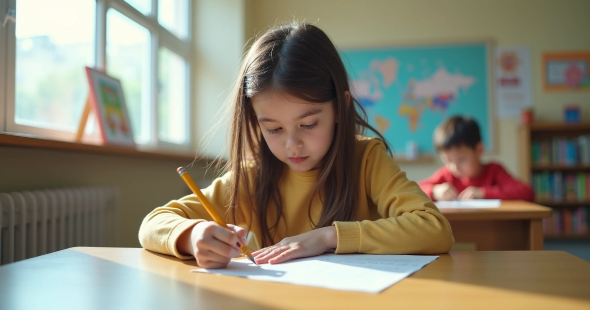 Aluna preenchendo prova padronizada na escola 