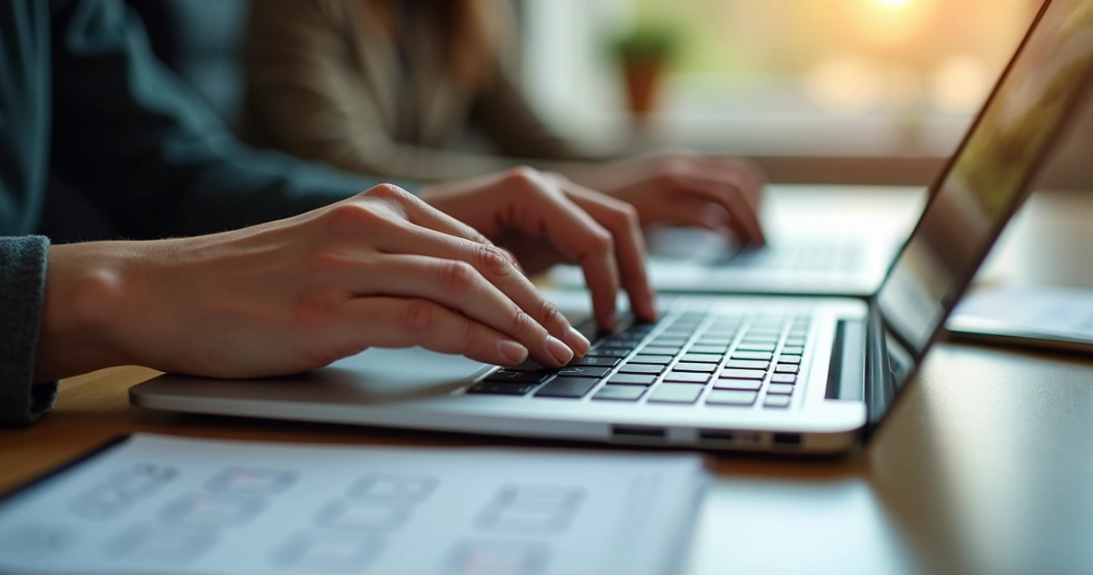 Pessoa analisando detalhadamente um notebook de leilão 