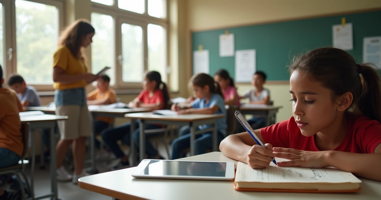 Professor acompanhando atividades de alunos em sala 