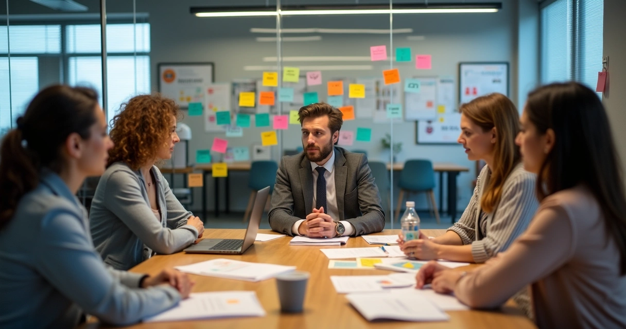 Equipe sentada à mesa avaliando juntos clima emocional