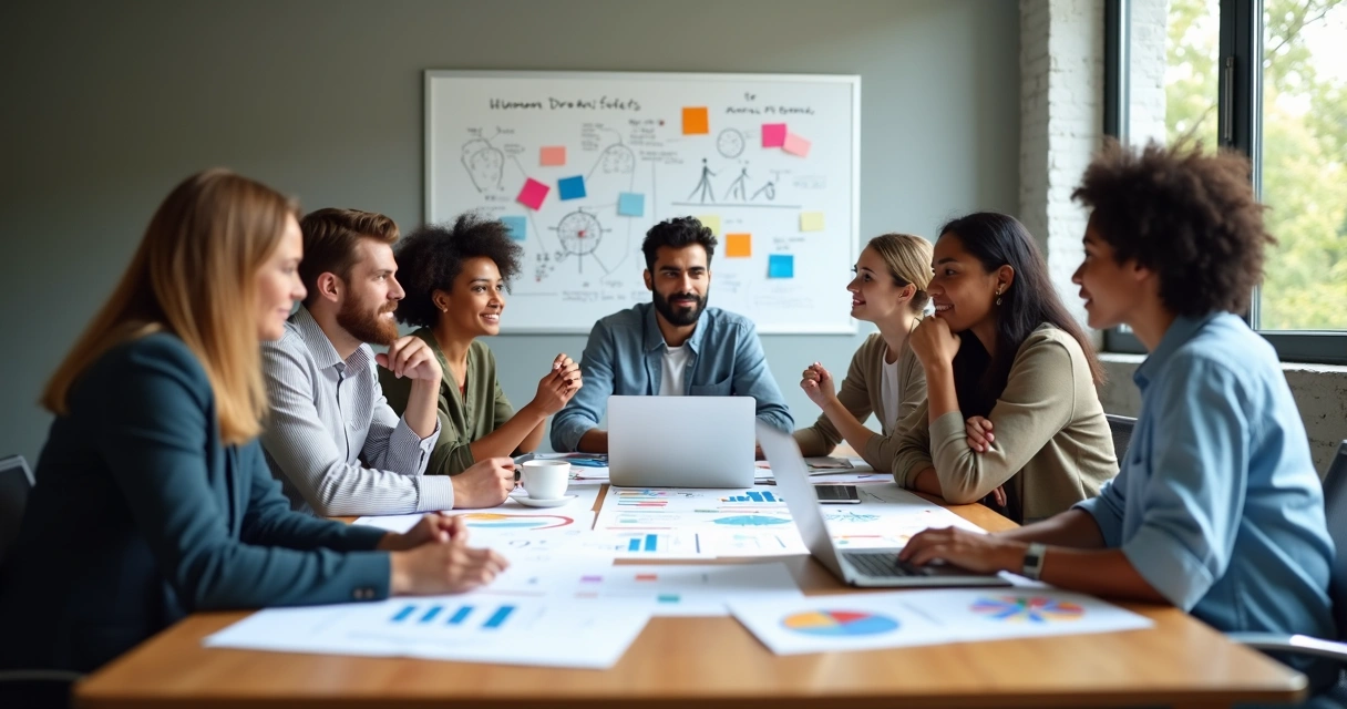 Equipes de trabalho reunidas ao redor de uma mesa com gráficos e papéis, demonstrando análise de aspectos humanos além das métricas 