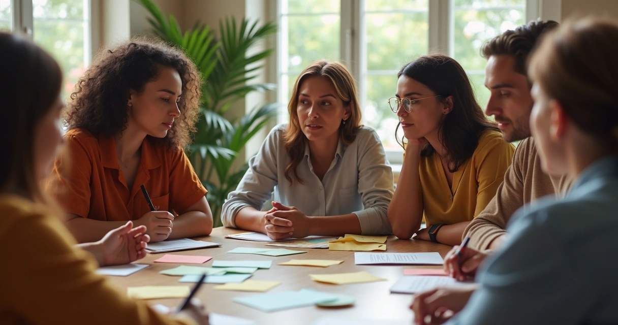 Pessoas em círculo fazendo avaliação emocional em contexto social 