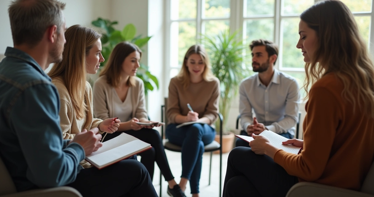 Diversas pessoas sentadas em círculo, conversando e refletindo juntas 